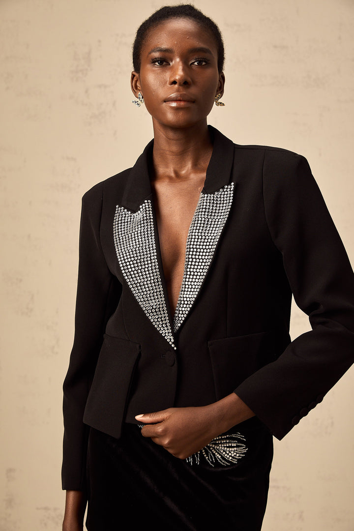 Levoire | Veste Bleue À Col V Ornée De Cristaux Noirs