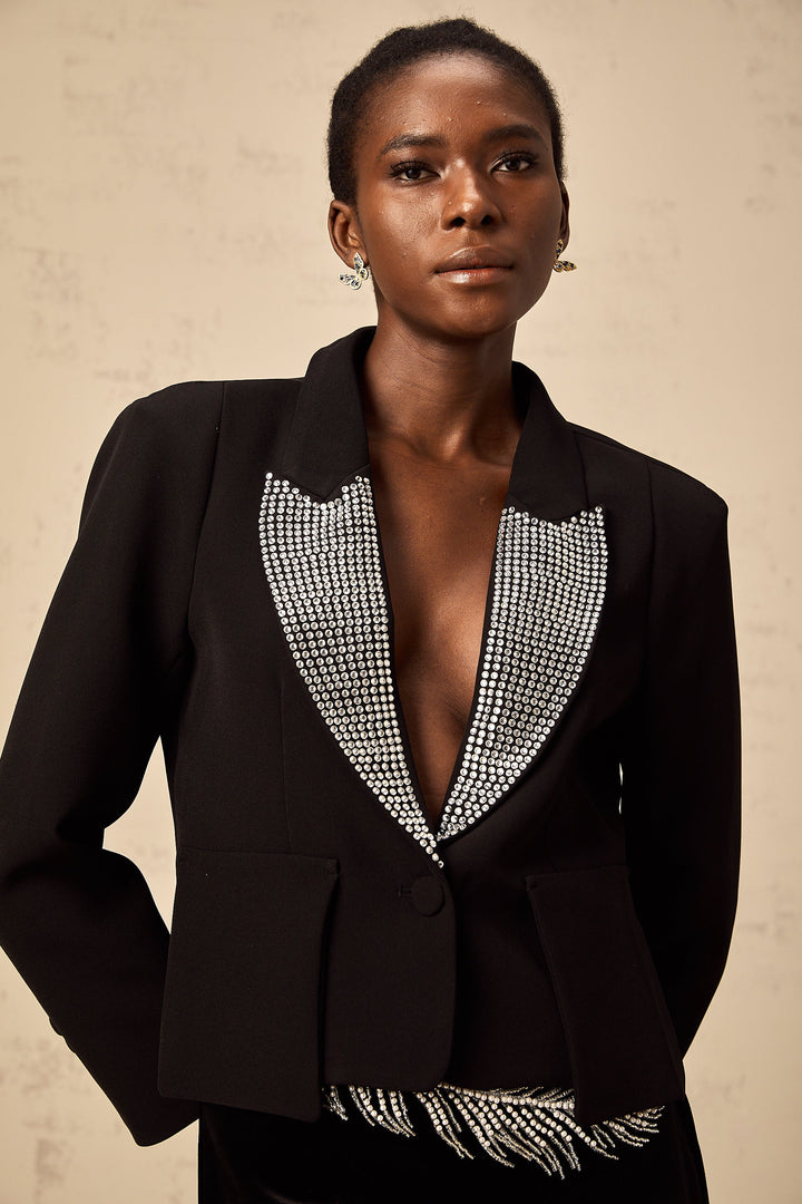 Levoire | Veste Bleue À Col V Ornée De Cristaux Noirs
