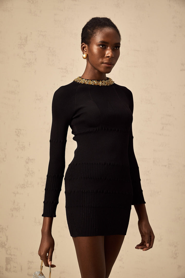 Levoire | Robe Mini En Rib Avec Paillettes Noires