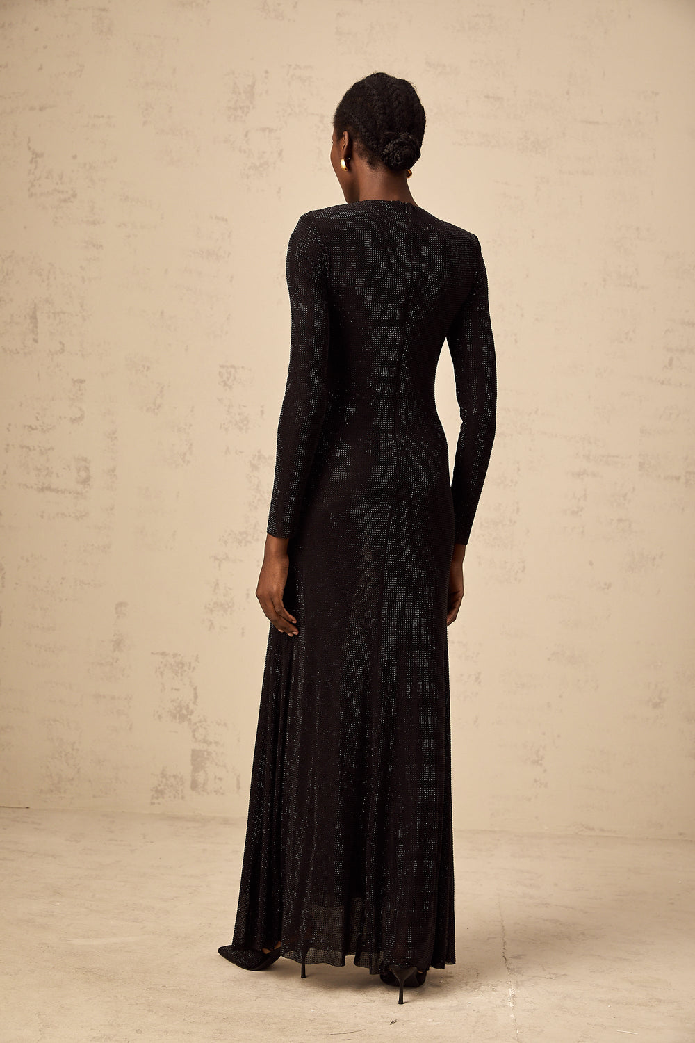 Levoire | Noir Avec Strass Épais Géré Maille Maxi Robe