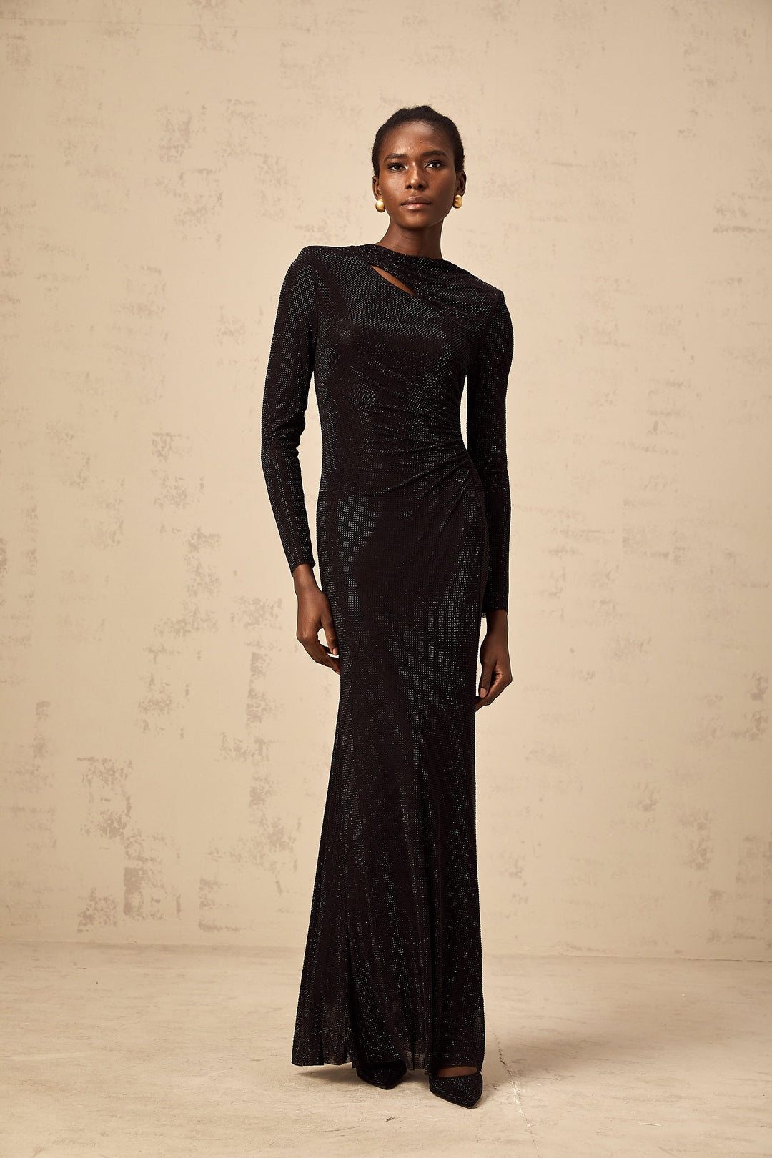 Levoire | Noir Avec Strass Épais Géré Maille Maxi Robe