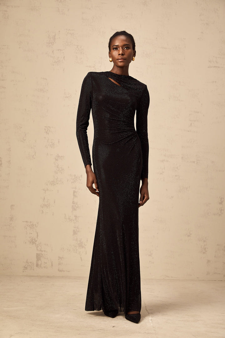 Levoire | Noir Avec Strass Épais Géré Maille Maxi Robe
