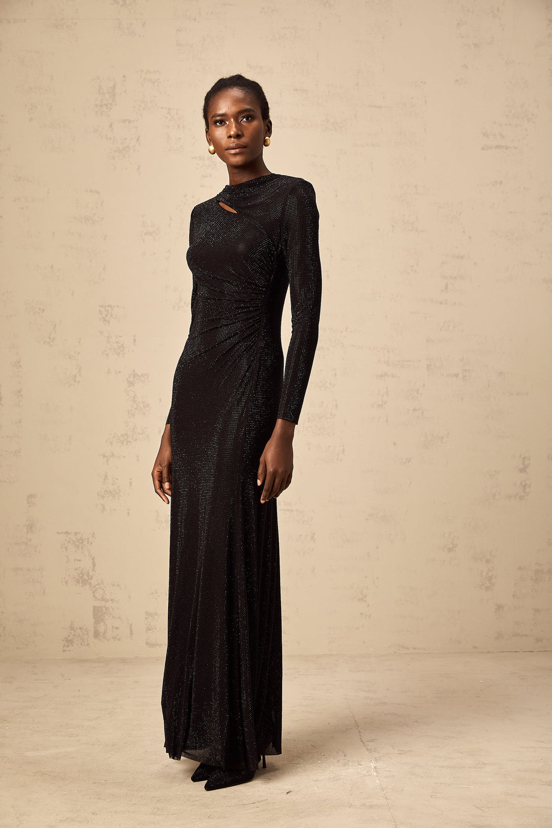 Levoire | Noir Avec Strass Épais Géré Maille Maxi Robe