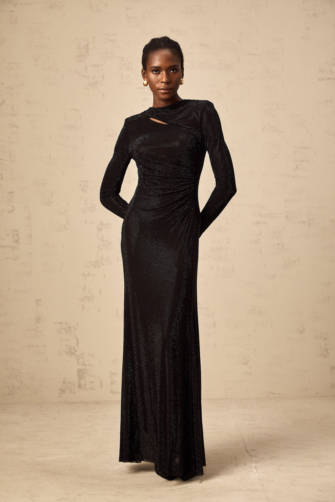 Levoire | Noir Avec Strass Épais Géré Maille Maxi Robe