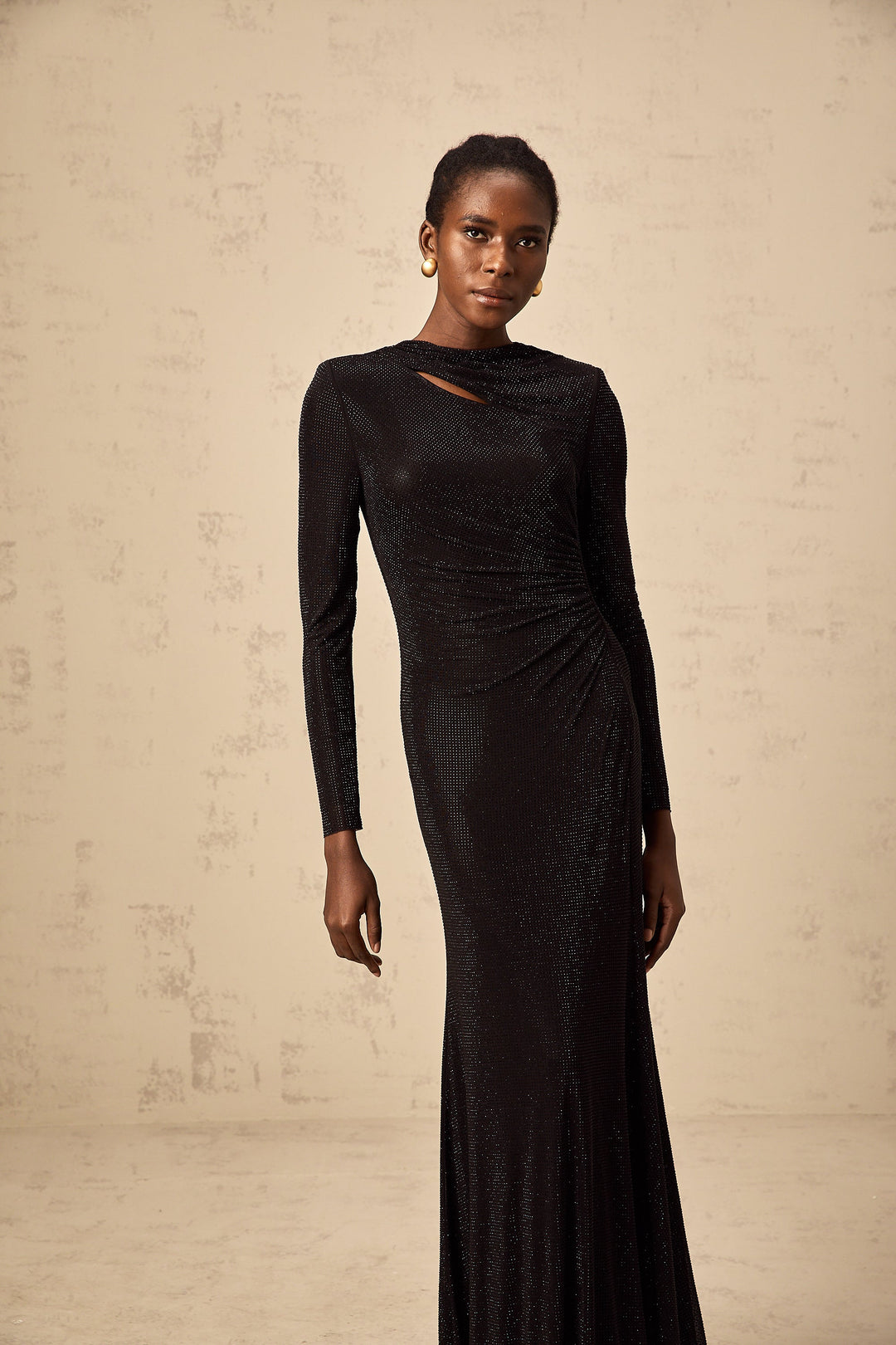 Levoire | Noir Avec Strass Épais Géré Maille Maxi Robe