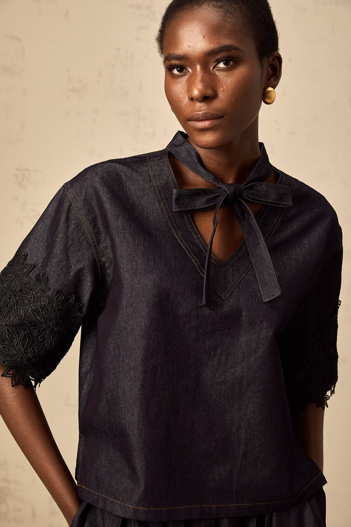 Levoire | Détail En Dentelle Haut En Denim & Jupe Ensemble Assorti
