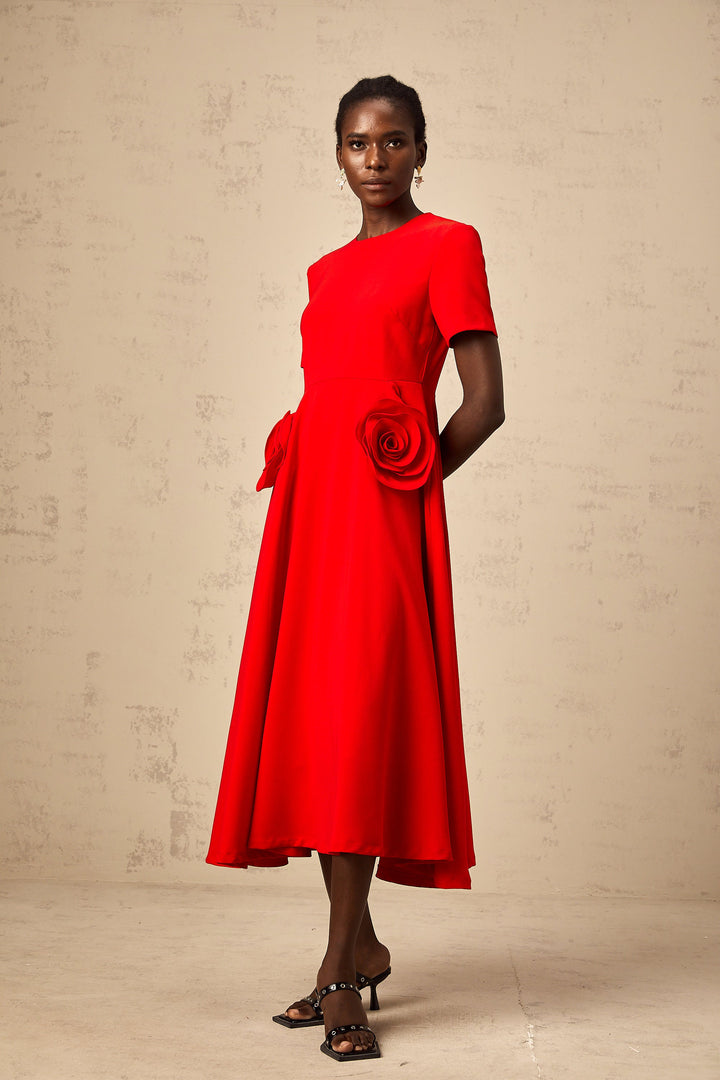 Levoire | Application De Fleurs Rouges Robe Midi