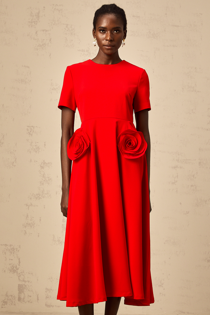 Levoire | Application De Fleurs Rouges Robe Midi