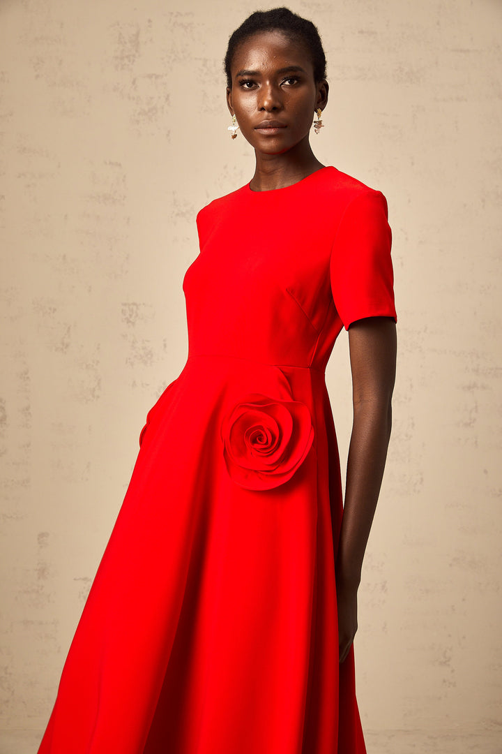 Levoire | Application De Fleurs Rouges Robe Midi