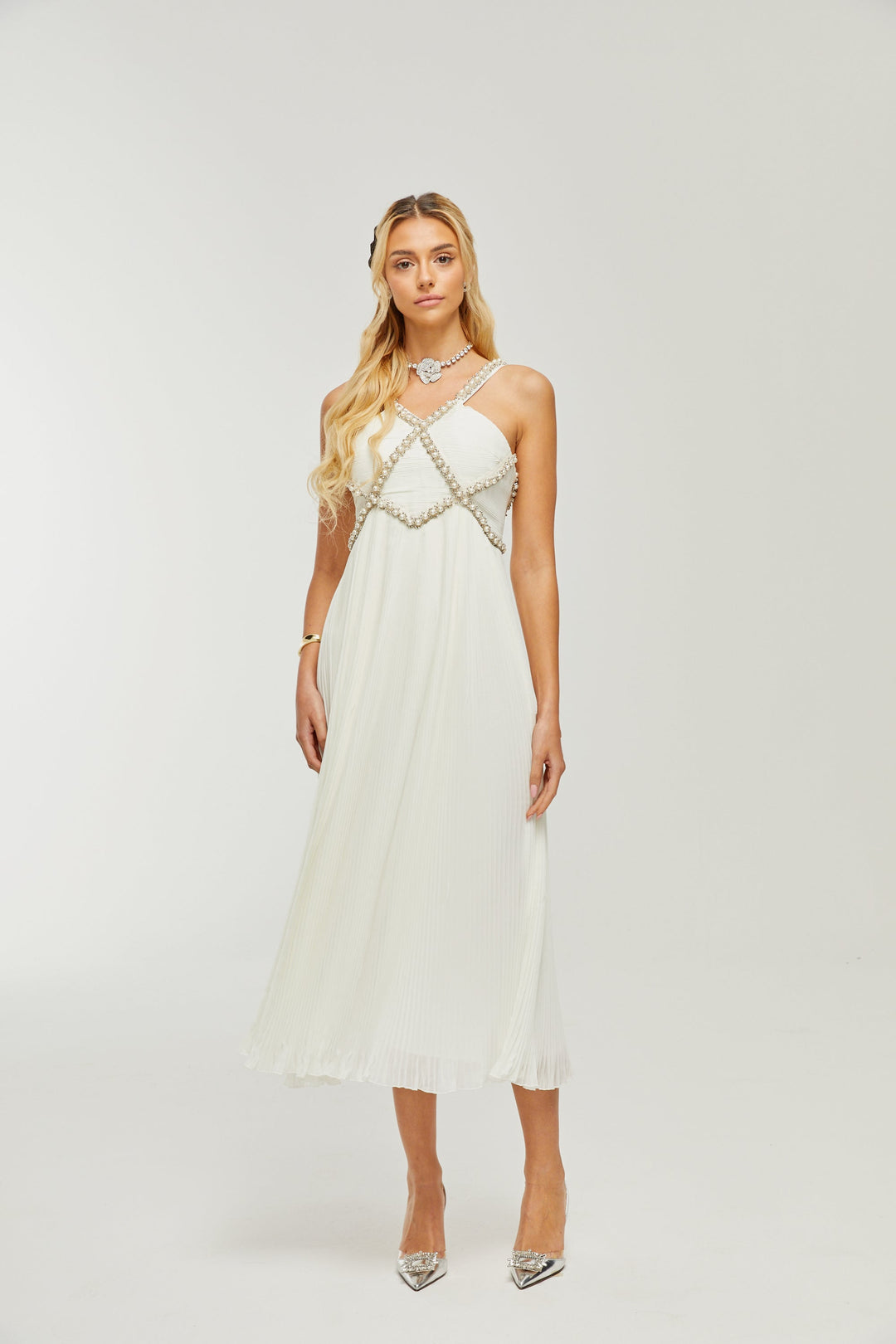 Levoire | V-Décolleté Midi Robe Décorée De Faux Perles