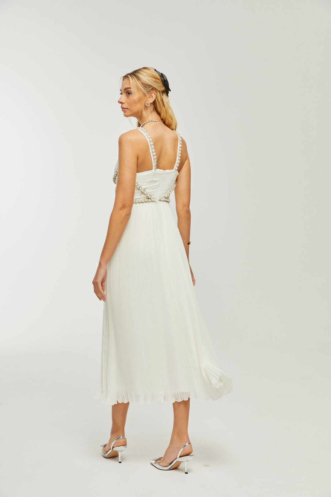 Levoire | V-Décolleté Midi Robe Décorée De Faux Perles