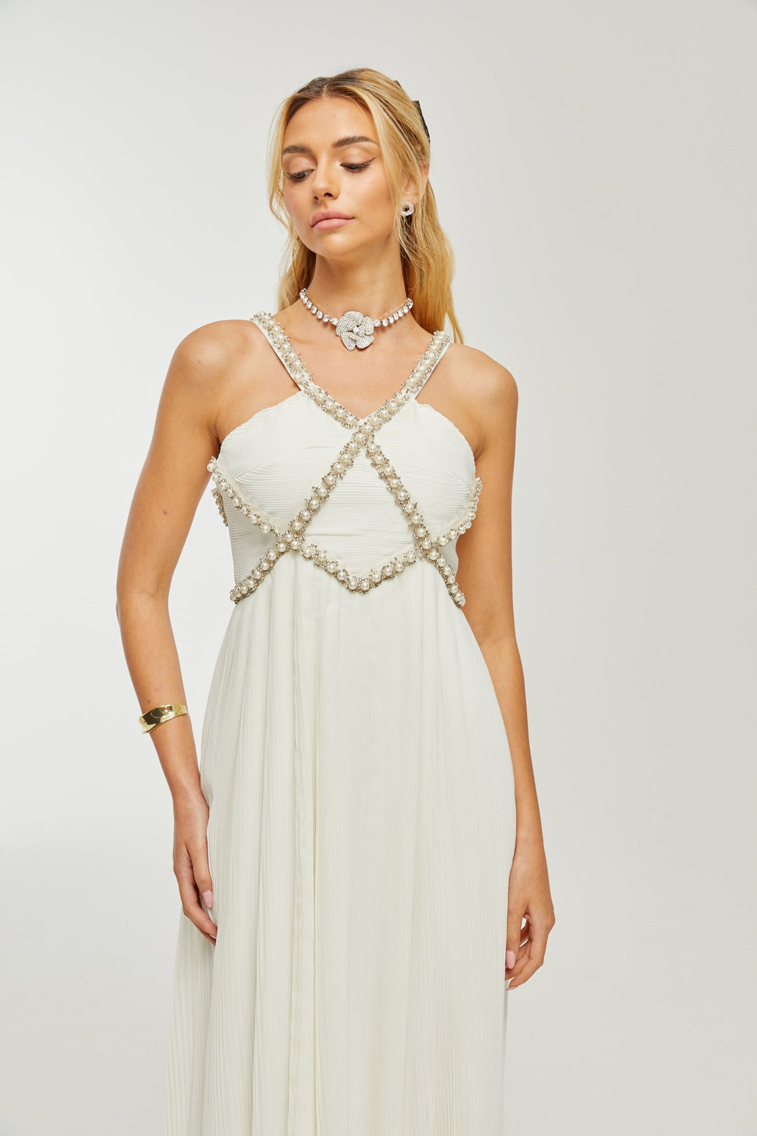 Levoire | V-Décolleté Midi Robe Décorée De Faux Perles