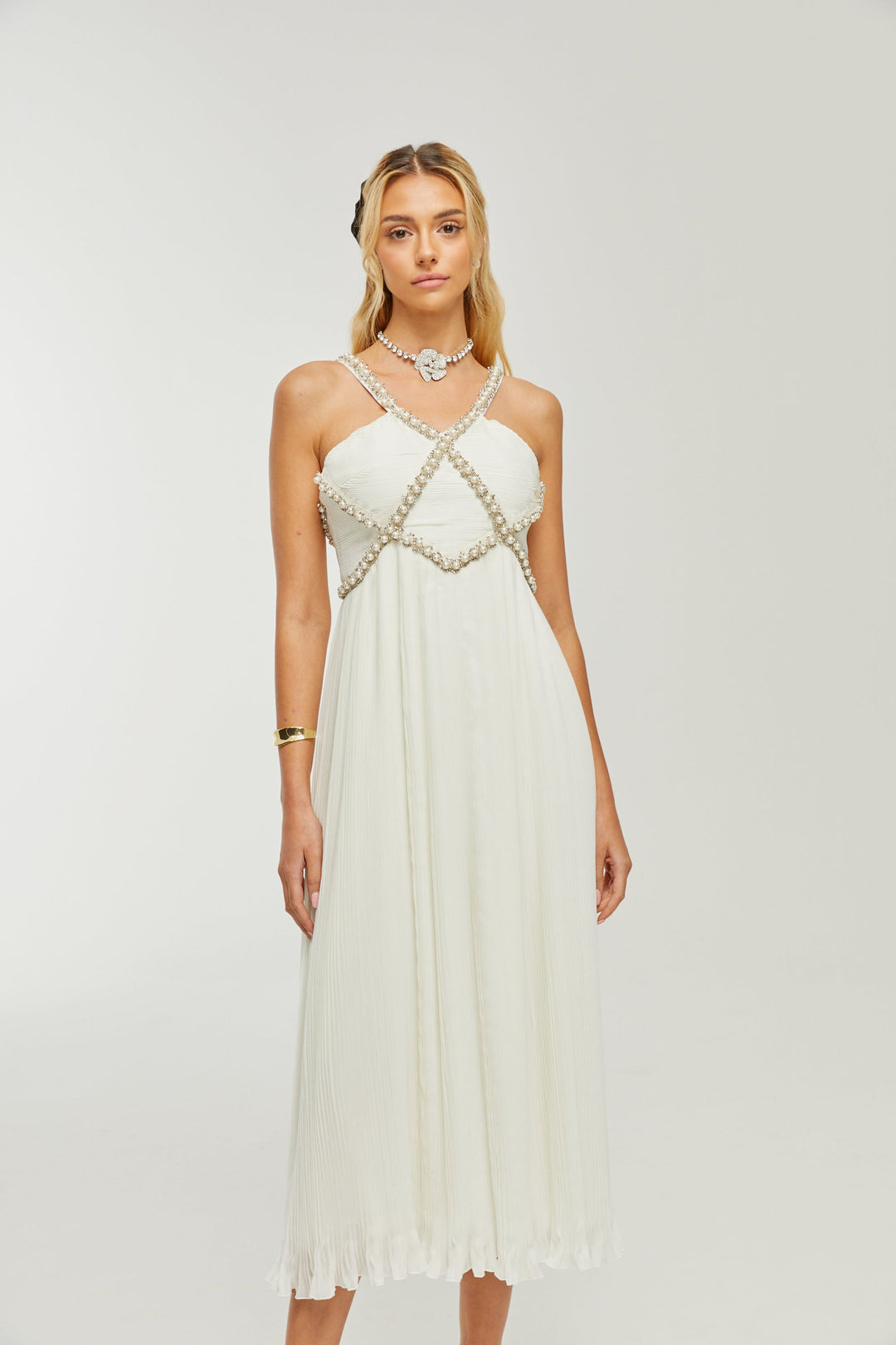 Levoire | V-Décolleté Midi Robe Décorée De Faux Perles