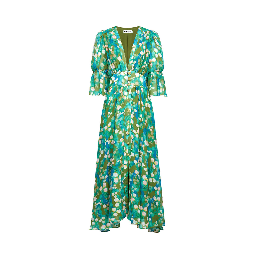 Levoire | Robe Midi À Motifs De Fleurs Vertes