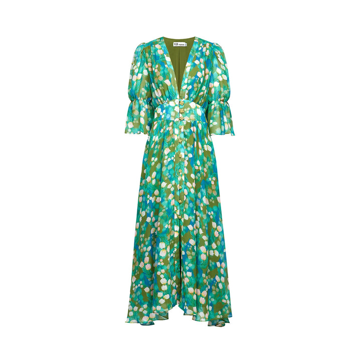 Levoire | Robe Midi À Motifs De Fleurs Vertes