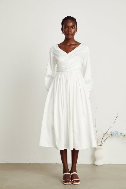 Levoire | Robe Midi Plissée Blanche À Col En V