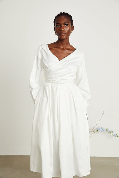 Levoire | Robe Midi Plissée Blanche À Col En V