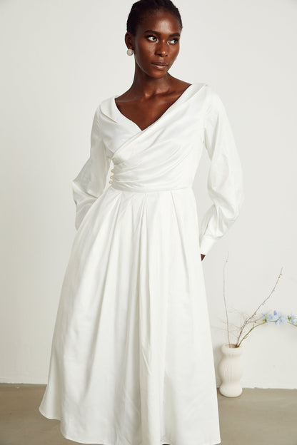 Levoire | Robe Midi Plissée Blanche À Col En V