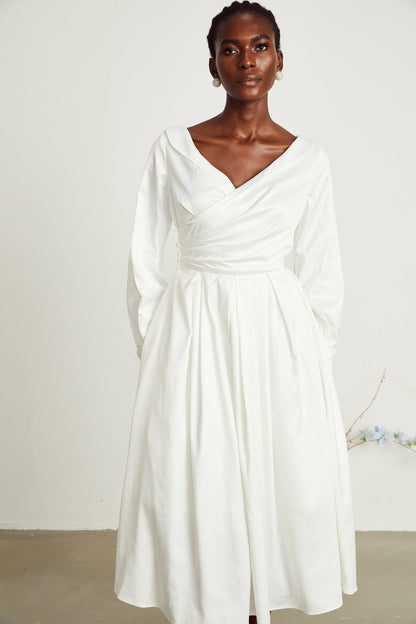 Levoire | Robe Midi Plissée Blanche À Col En V