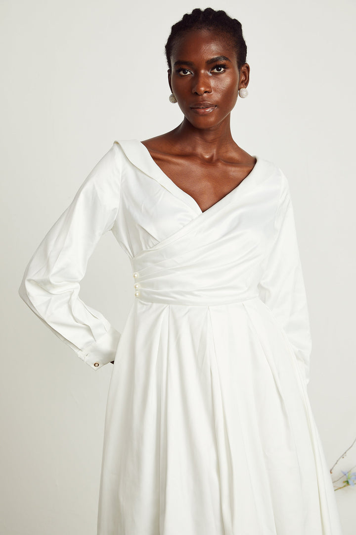 Levoire | Robe Midi Plissée Blanche À Col En V