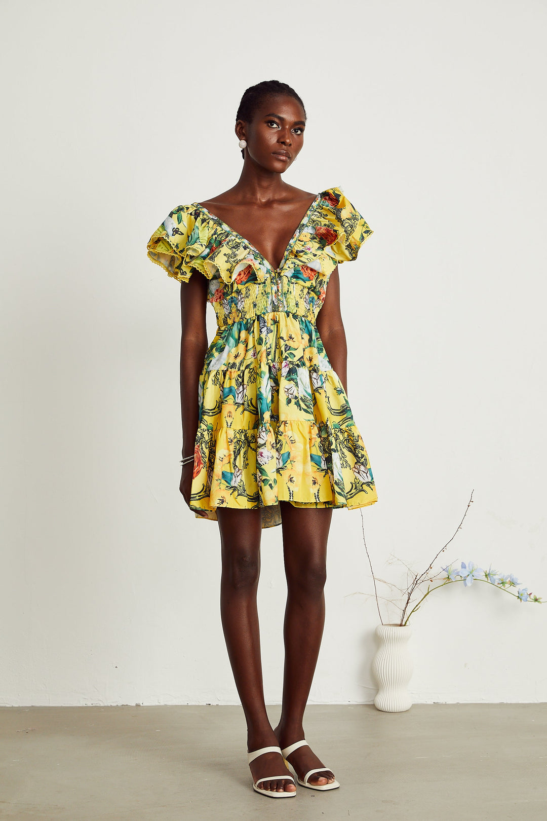 Levoire | Robe Mini Imprimé Volants Jaune