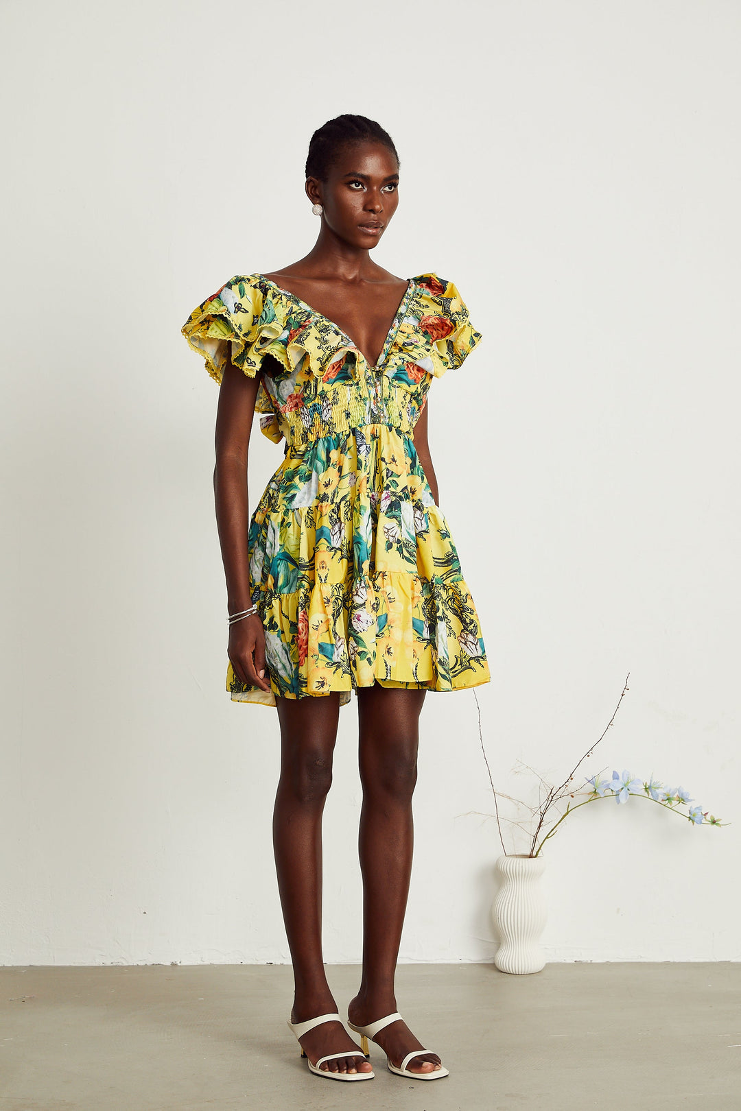 Levoire | Robe Mini Imprimé Volants Jaune