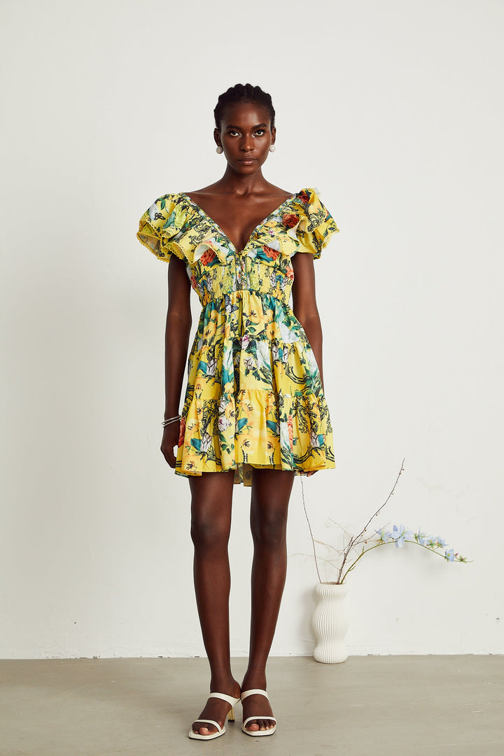 Levoire | Robe Mini Imprimé Volants Jaune