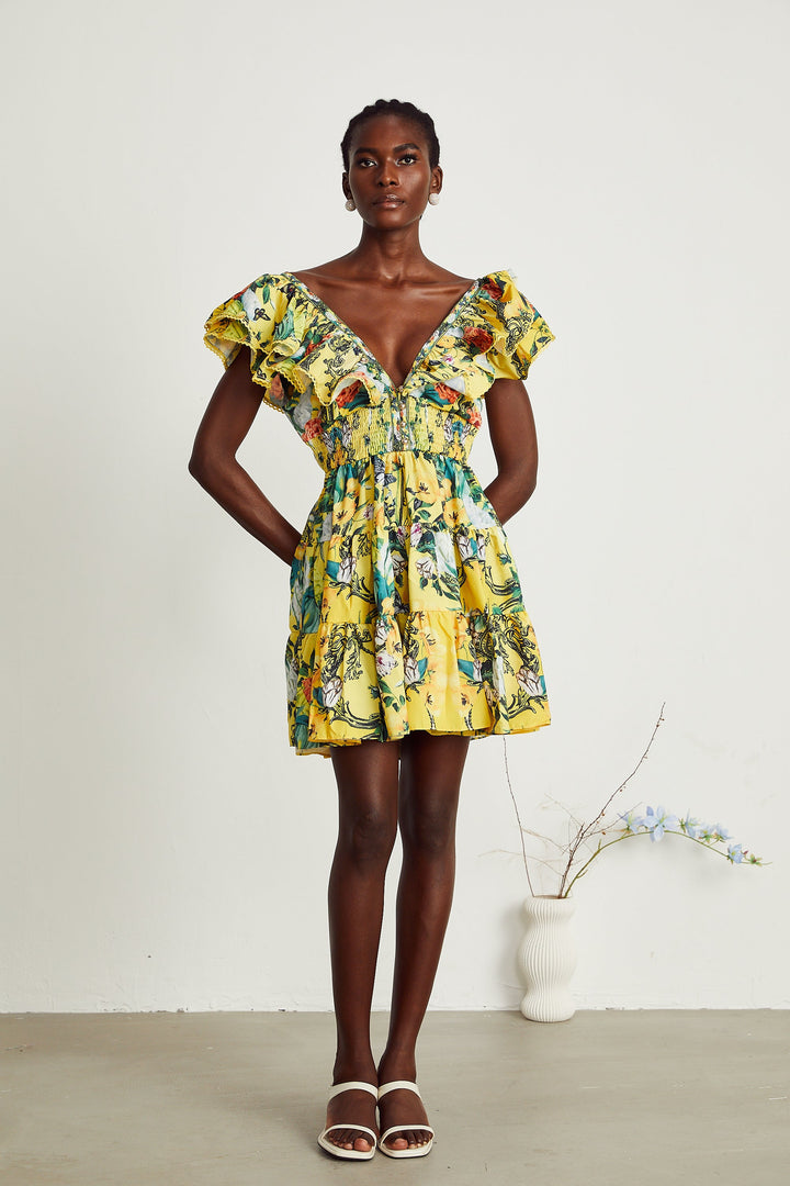 Levoire | Robe Mini Imprimé Volants Jaune