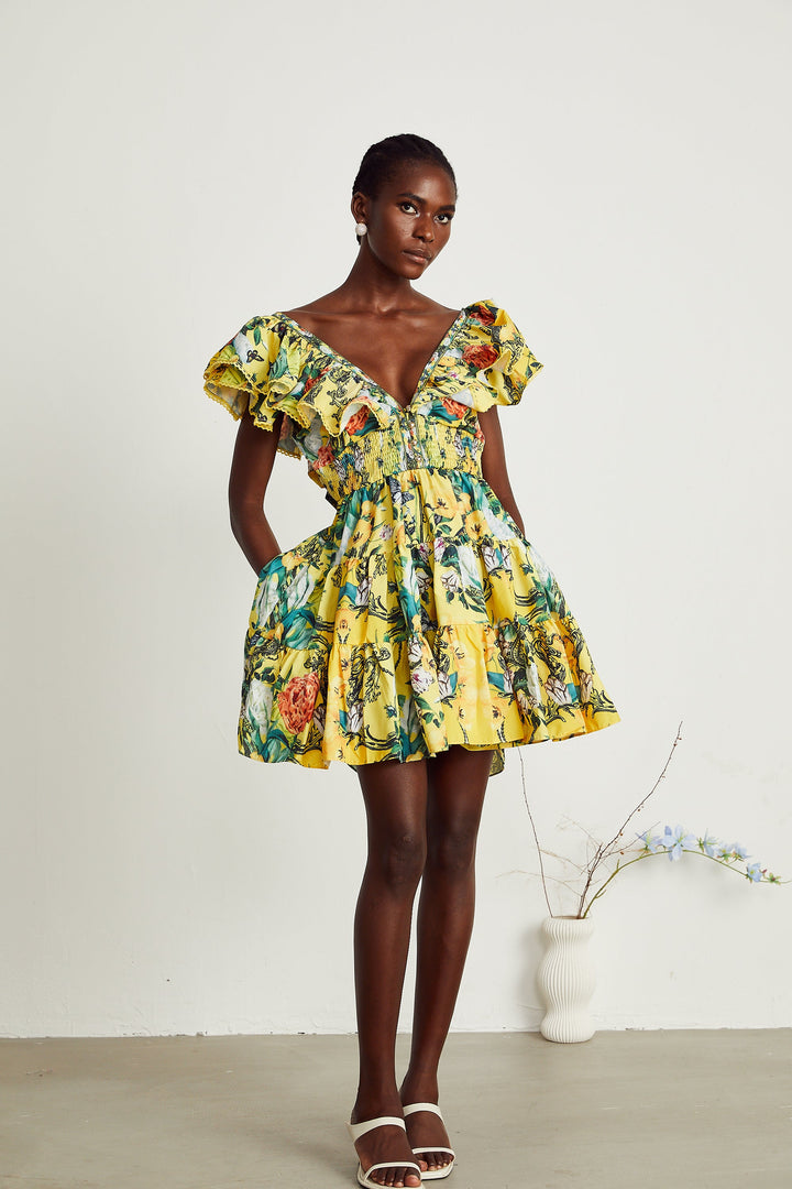 Levoire | Robe Mini Imprimé Volants Jaune