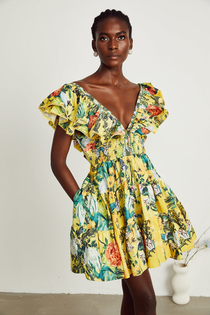 Levoire | Robe Mini Imprimé Volants Jaune