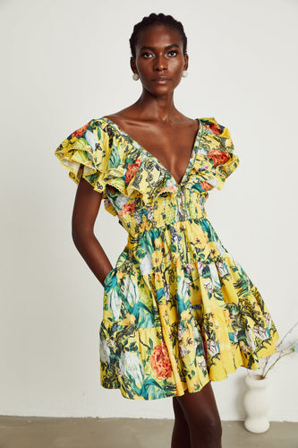 Levoire | Robe Mini Imprimé Volants Jaune