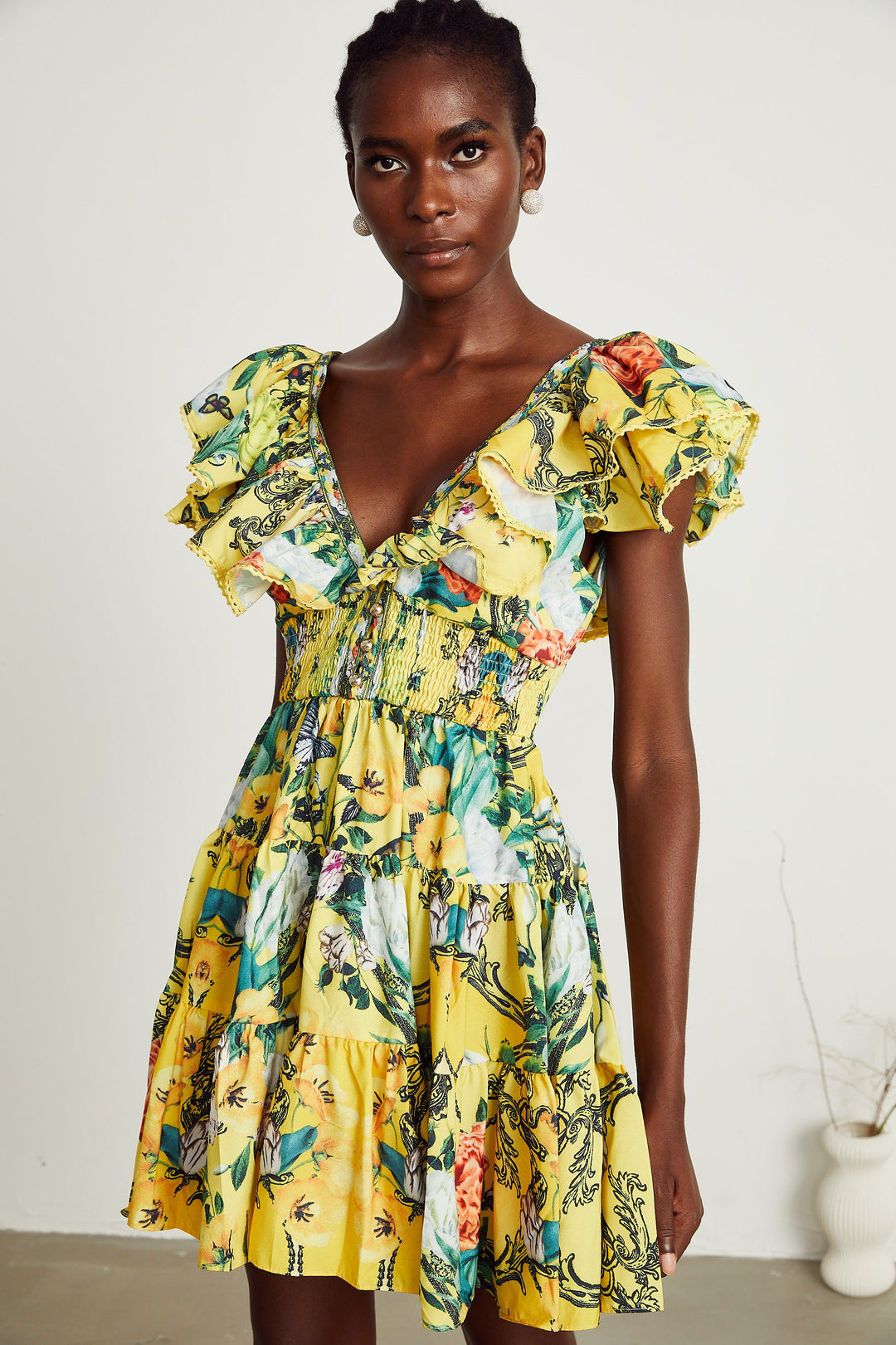 Levoire | Robe Mini Imprimé Volants Jaune