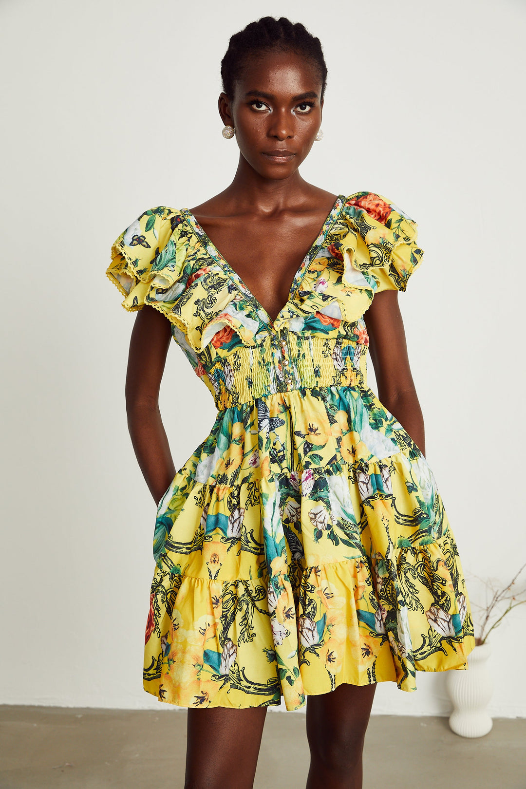 Levoire | Robe Mini Imprimé Volants Jaune