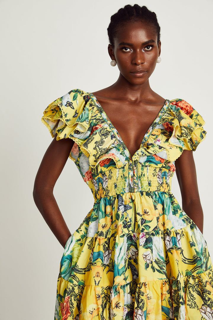 Levoire | Robe Mini Imprimé Volants Jaune