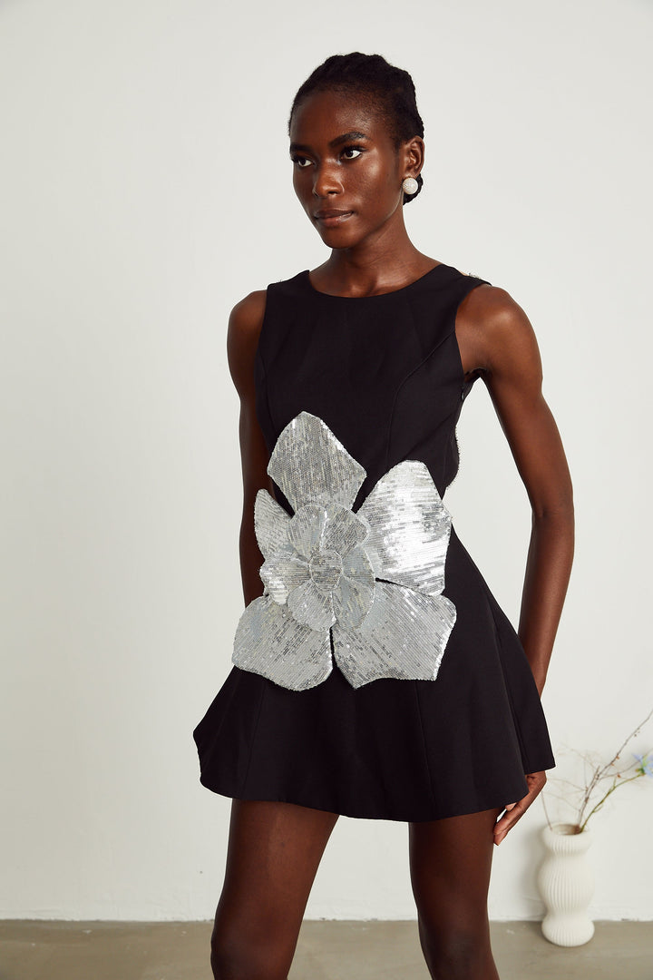 Levoire | Noir Application Florale Robe Mini Sans Manches