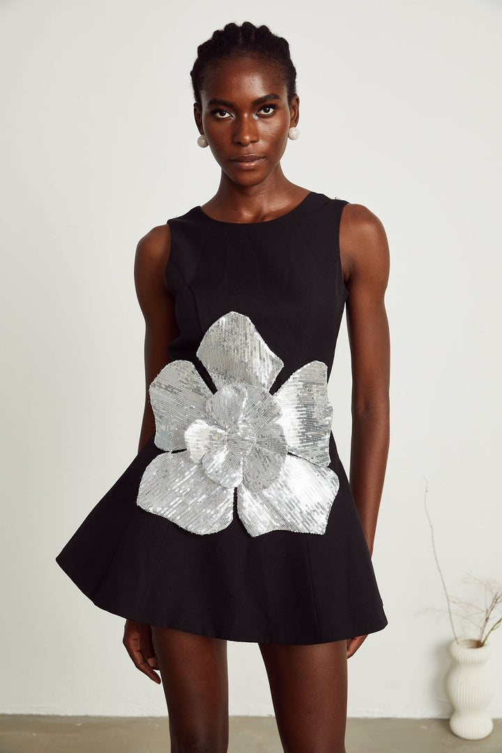 Levoire | Noir Application Florale Robe Mini Sans Manches
