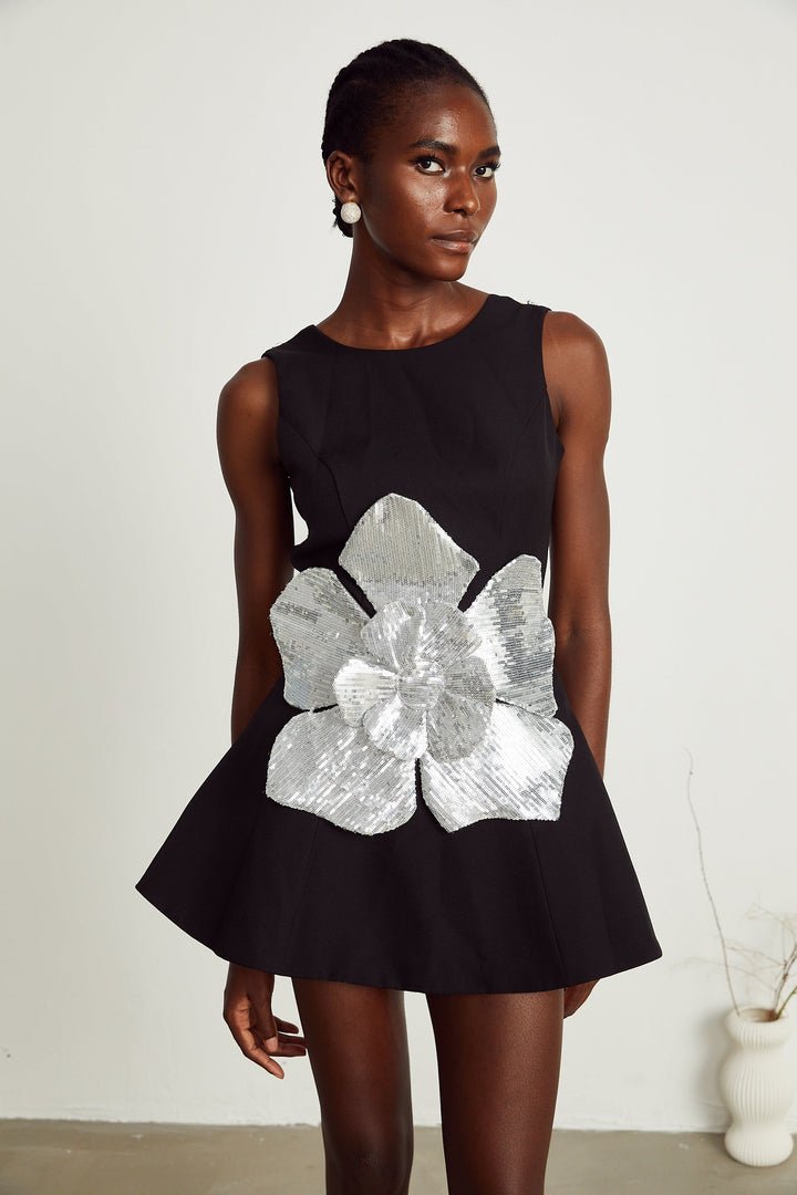 Levoire | Noir Application Florale Robe Mini Sans Manches