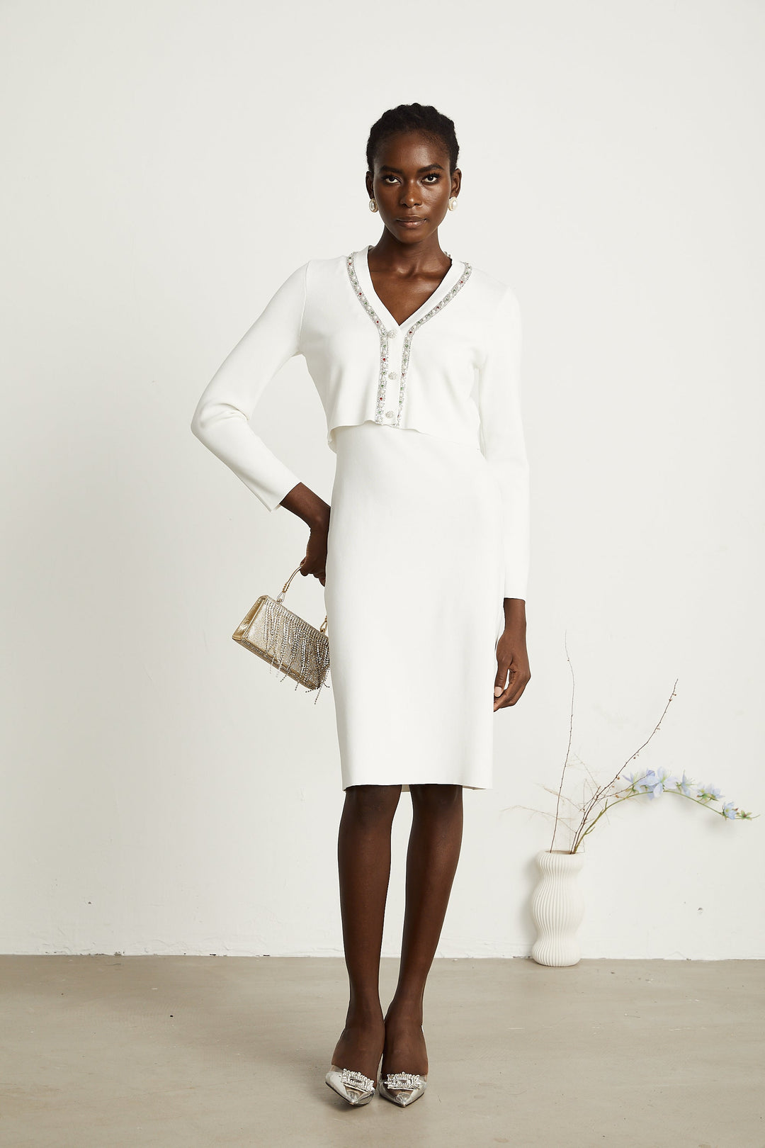 Levoire | Pull En Tricot Orné De Perles Blanches & Robe Ensemble Assorti