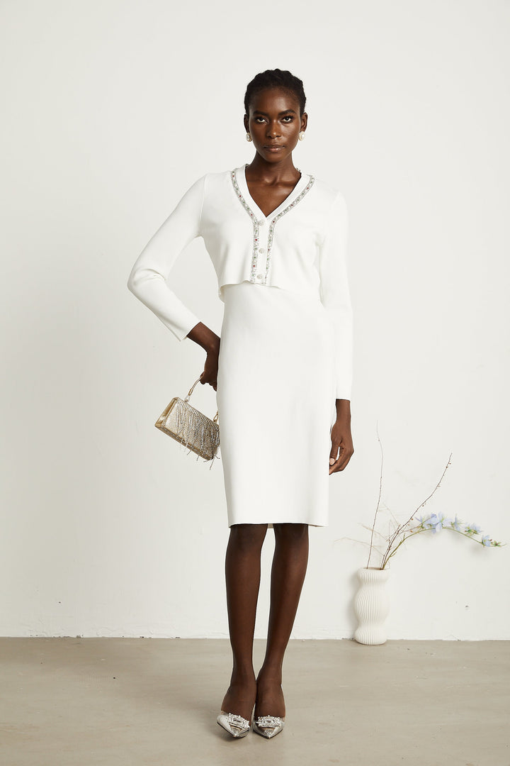 Levoire | Pull En Tricot Orné De Perles Blanches & Robe Ensemble Assorti