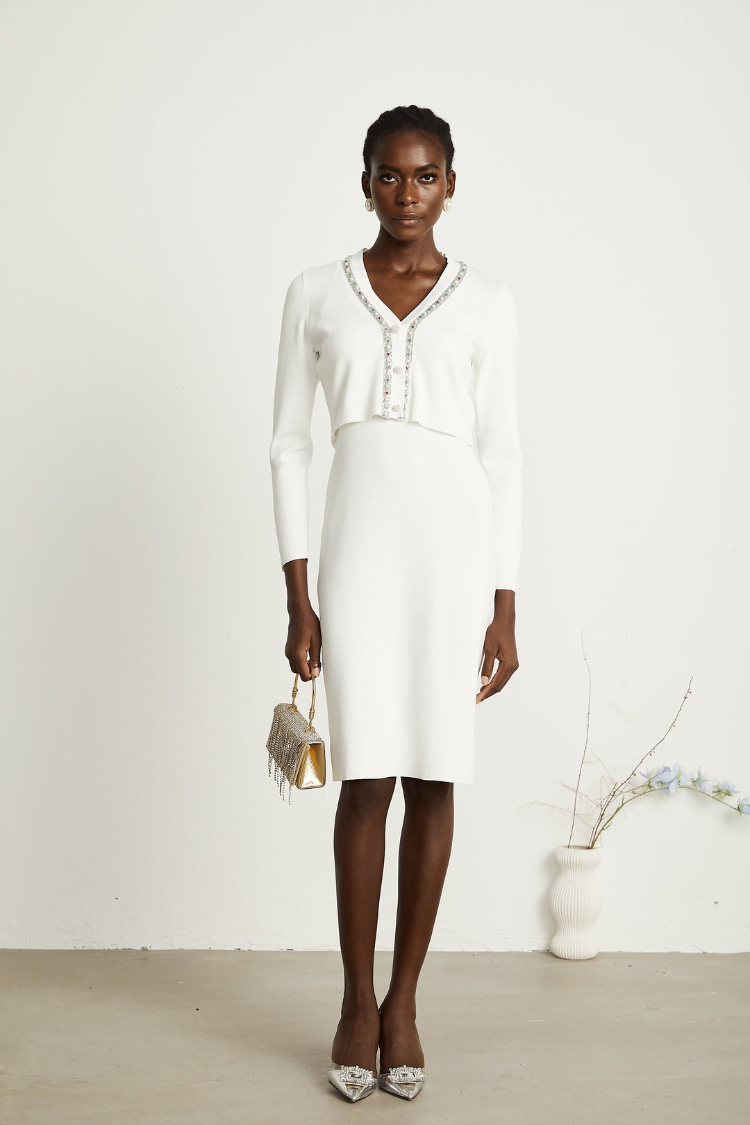 Levoire | Pull En Tricot Orné De Perles Blanches & Robe Ensemble Assorti