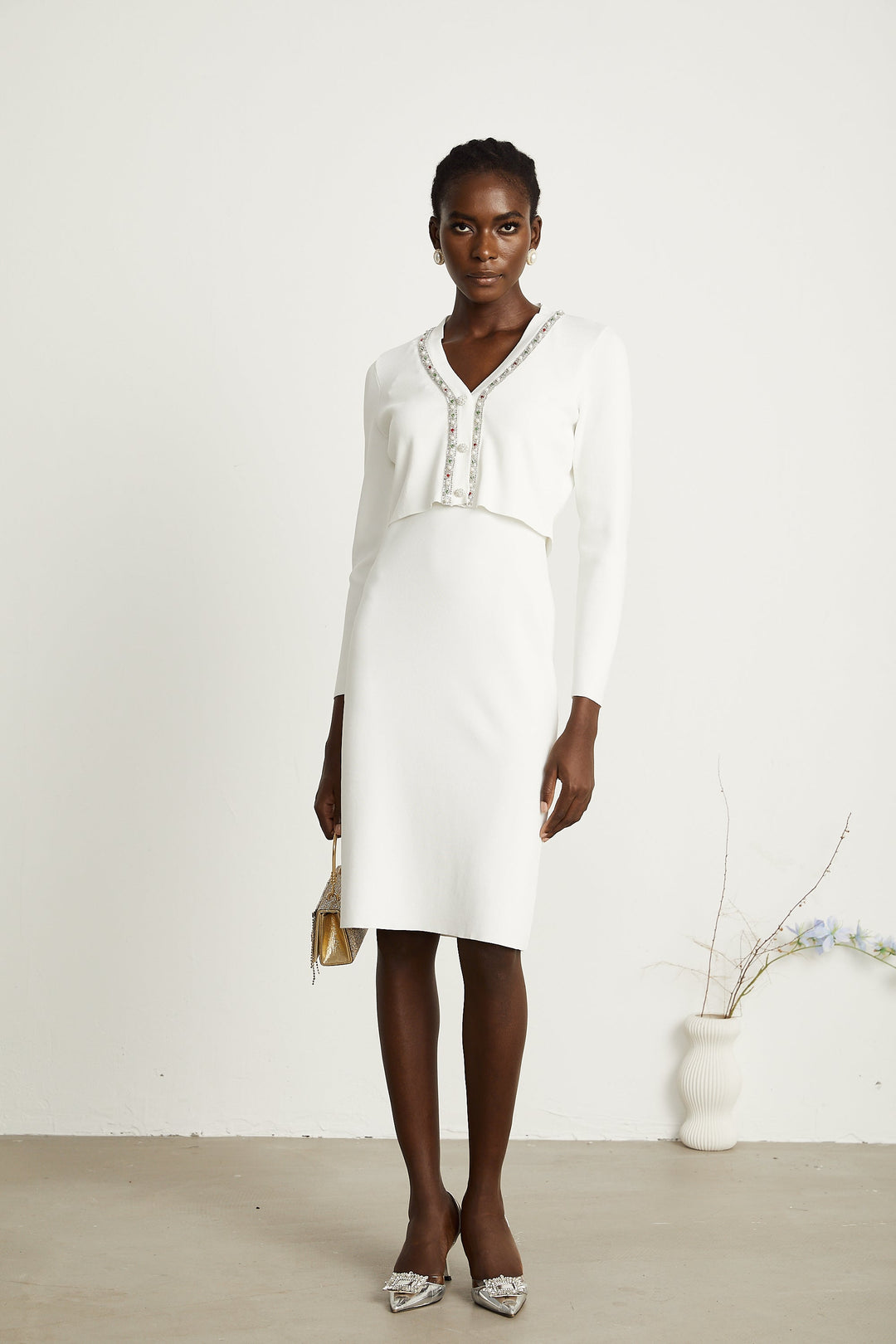 Levoire | Pull En Tricot Orné De Perles Blanches & Robe Ensemble Assorti
