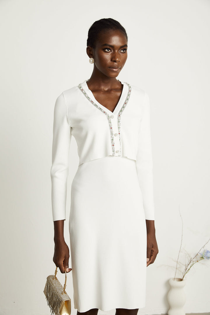 Levoire | Pull En Tricot Orné De Perles Blanches & Robe Ensemble Assorti