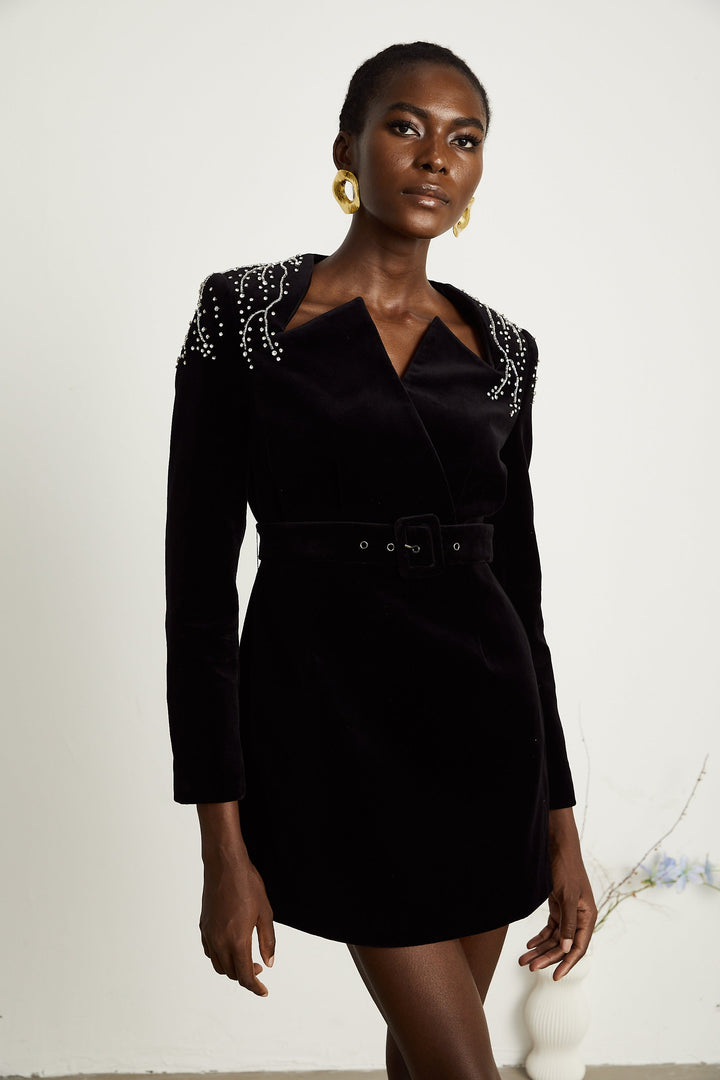 Levoire | Robe Mini En Velours Noir Ornée De Cristaux