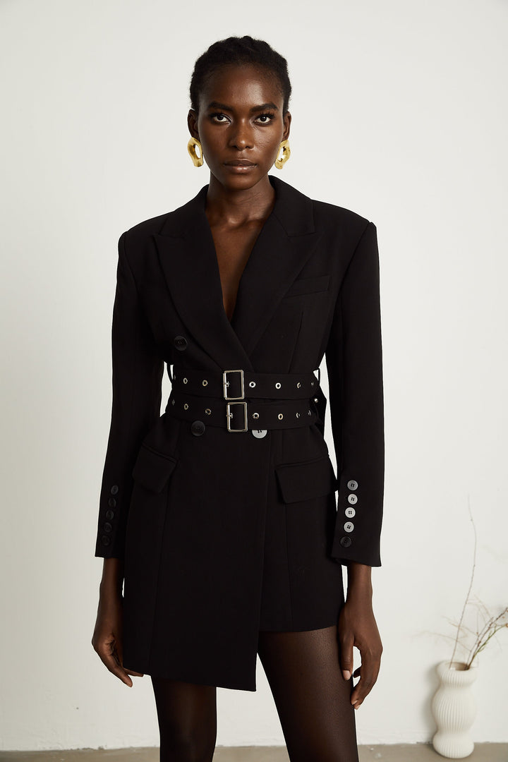 Levoire | Veste Mini Bleue Asymétrique Noire