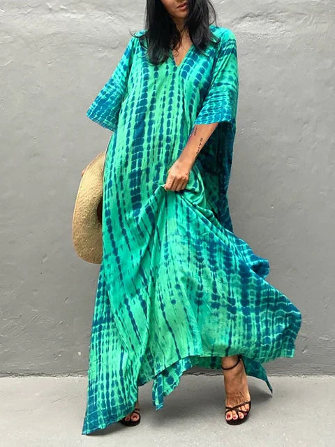 Levoire | Pour Femmes Long, Coupe Lâche - V-Cou Tie-Dye Style Bohème Bleu vert Une taille