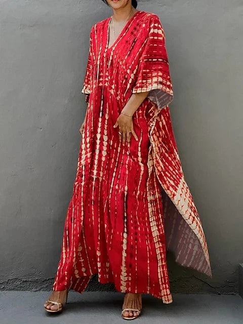 Levoire | Pour Femmes Long, Coupe Lâche - V-Cou Tie-Dye Style Bohème Rouge Une taille