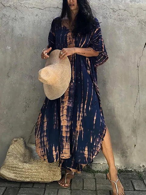 Levoire | Pour Femmes Long, Coupe Lâche - V-Cou Tie-Dye Style Bohème Bleu marine Une taille