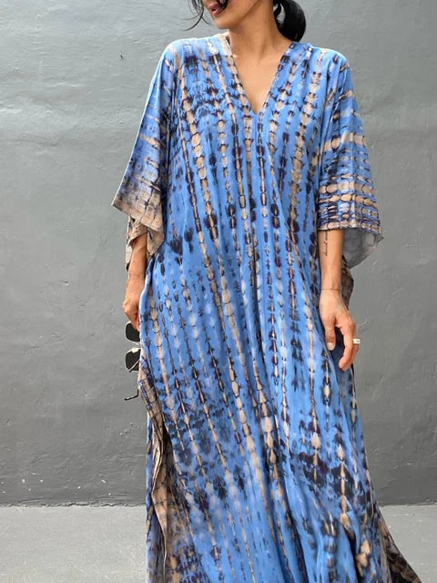 Levoire | Pour Femmes Long, Coupe Lâche - V-Cou Tie-Dye Style Bohème Bleu Une taille