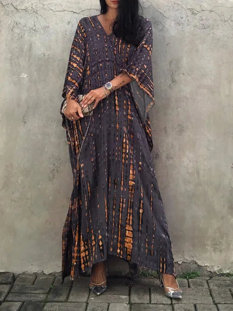 Levoire | Pour Femmes Long, Coupe Lâche - V-Cou Tie-Dye Style Bohème Gris foncé Une taille