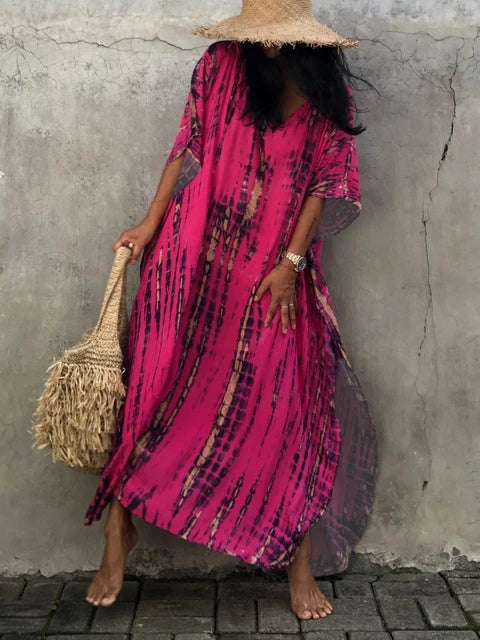 Levoire | Pour Femmes Long, Coupe Lâche - V-Cou Tie-Dye Style Bohème Rose rouge Une taille